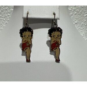 Vintage Betty Boop Pose Enamel Dangle Earrings Red Dress Cartoon  925